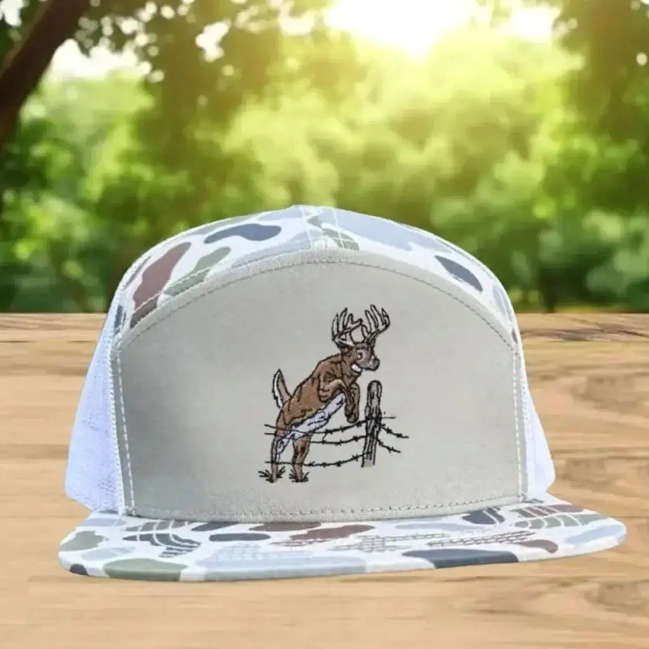 Deer Hunting 7 Panel Hat | Fence Jump Embroidery Design | Bottomland Camo Flat Bill Trucker Cap | Hunting Mesh Snapback