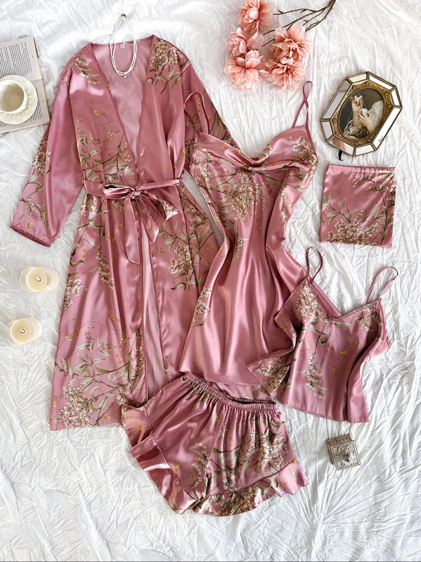 Two-Piece Set Women's Plants Print Satin Pyjama, Belted Robe & Cowl Neck Cami Night Dress & Backless Cami Top & Elastic Waist Shorts & Storage Bag Set