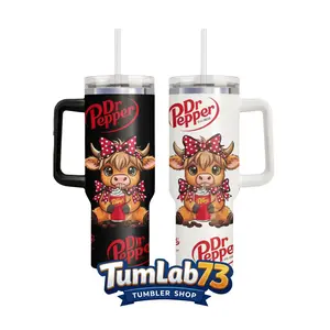 Cute Highland Cow Pepper Lover 40oz Tumbler With Handle And Straw, Funny Cow Cartoon Insulated Travel Mug, Soda Fan Gift Cup