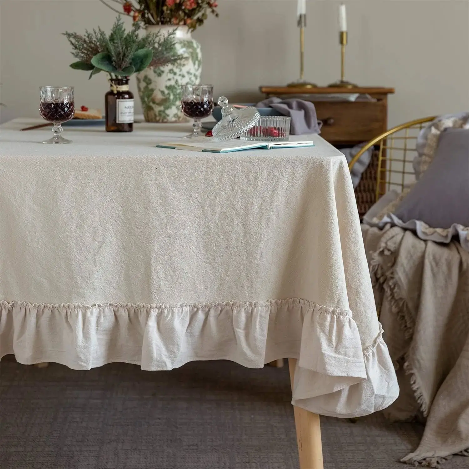 Retro Farmhouse Ruffle Tablecloth Cotton Flounces Trim Washable Table Cover Tablecloths for Rectangle Table  Shower Kitchen Party Wedding Decor Off-White, 60''x120''