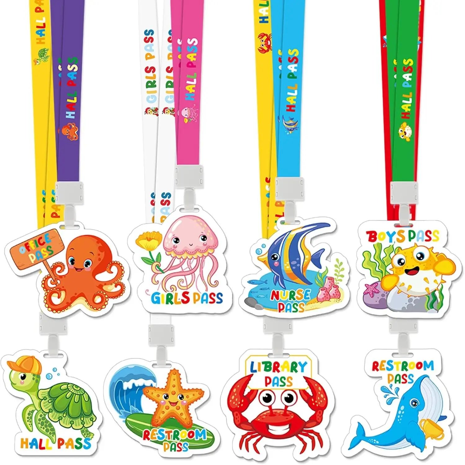 8 Set PVC Hall Pass Lanyards Marine Animals Unbreakable Hall School Passes Teacher Supplies for Classroom Elementary Middle School Bathroom Library Office Nurse