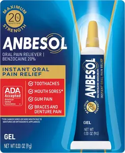 Anbesol Maximum Strength Gel - Instant Oral Pain Relief, for Toothaches, Gums, Braces, & Denture Pain, and Mouth Sores*, Canker Sore Treatment Inside Mouth, ADA Accepted, 0.33 oz