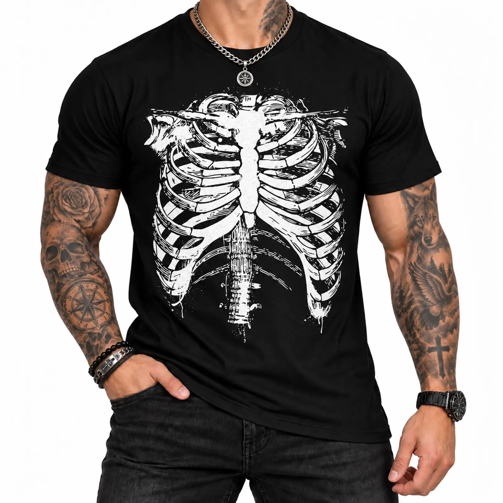 Splattered Skeleton Rib Cage Graphic T-Shirt, 100% Cotton, Crew Neck, Regular Fit for Women, Halloween