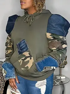 Women's Olive Green Patchwork Hoodie - Puff Shoulder & Camo Print & Drawstring Hood & Kangaroo Pocket Detail| Edgy Retro Fit For Urban Street Outings, Weekend Dates, (Bold Patchwork Design) For Effortlessly Cool Stylish Looks