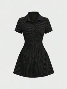 Sweet & Fresh Pink Short Sleeve Shirt Dress, Waist Cinched Slimming Stylish Blouse Dress For Summer