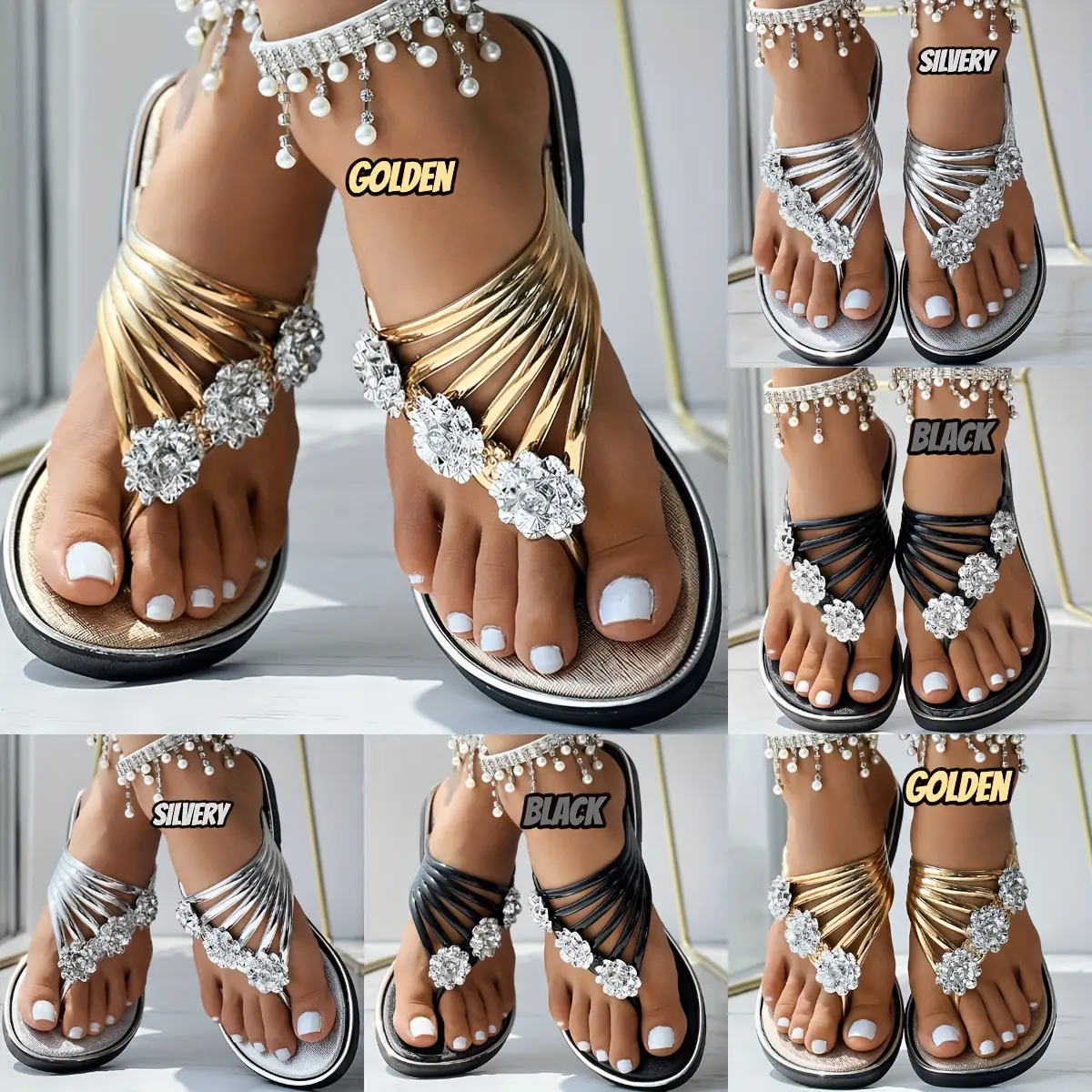 A pair of women's round-toe casual flat slippers with floral decorations.