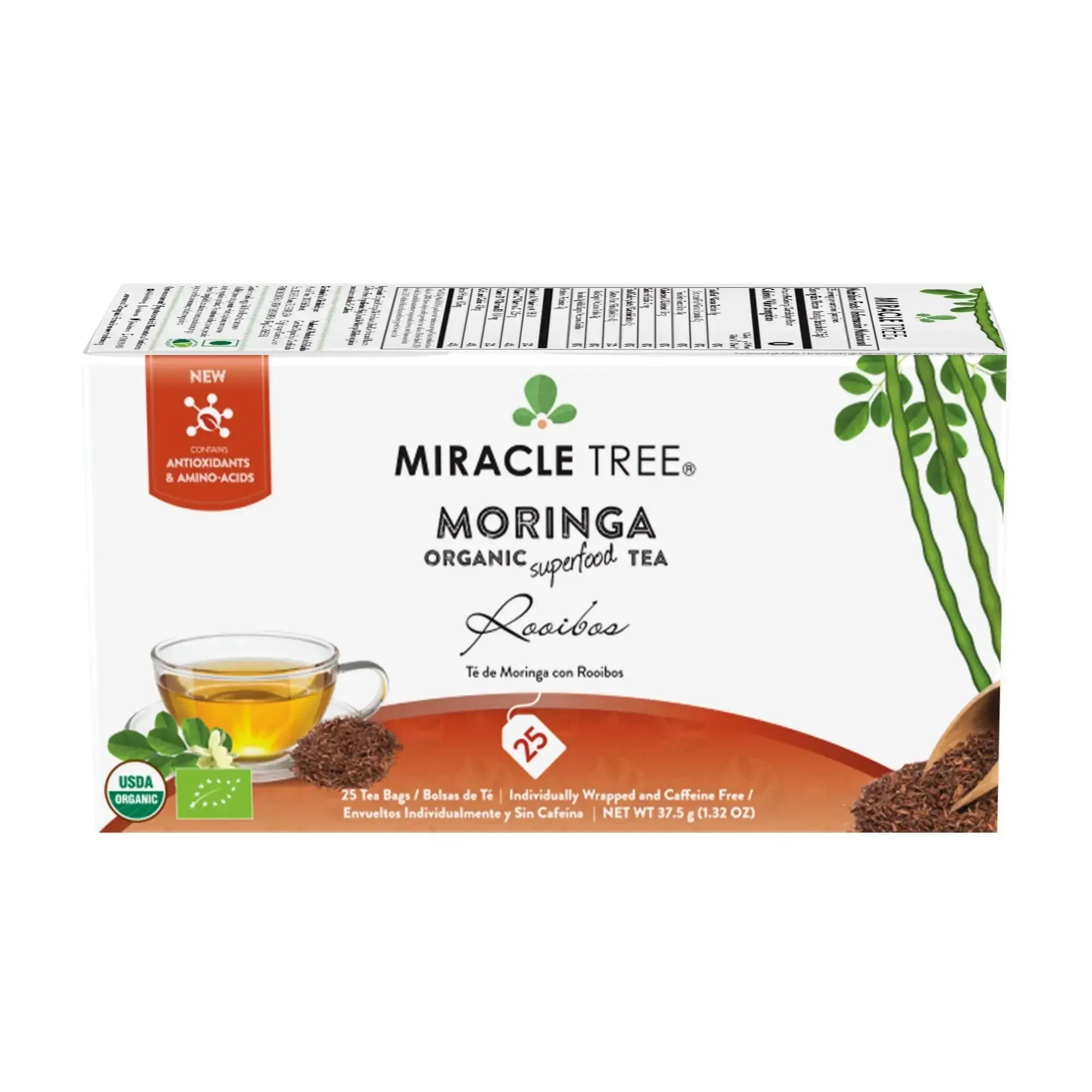 Miracle Tree Organic Moringa Tea Rooibos Caffeine-Free Herbal Tea - USDA Certified Smooth Naturally Sweet Flavor Antioxidant-Rich Beverage