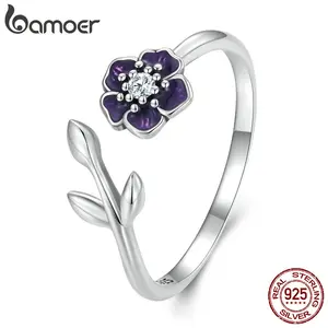 925 Sterling Silver Enamel Purple Flower Adjustable Ring Zircon Opening Ring for Women Birthday Gift Fine Jewelry BSR394