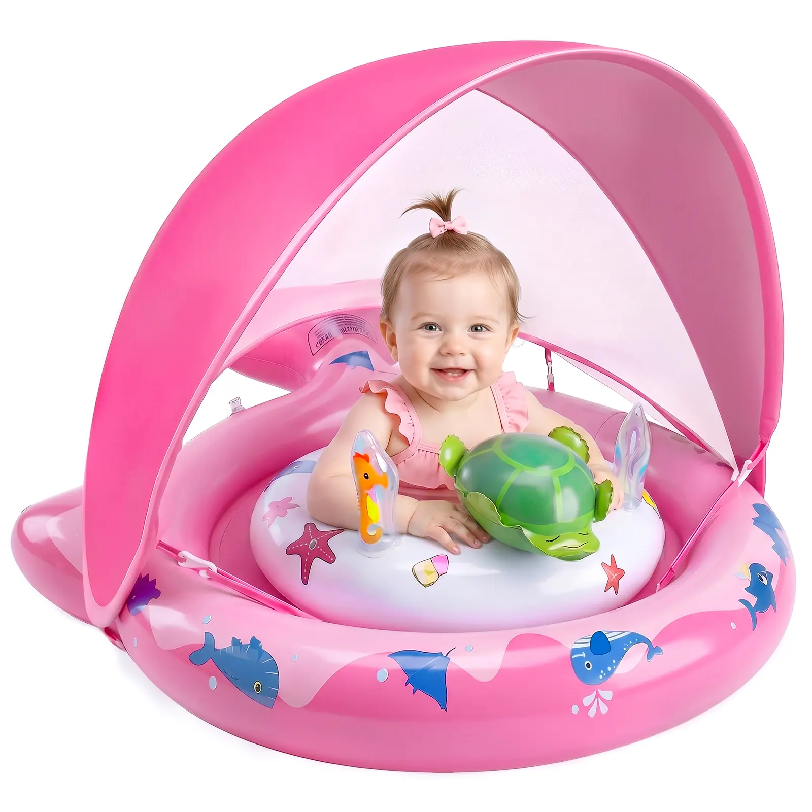 Inflatable Baby Pool Float with Sun Canopy, UPF50+ Sun Protection, Cushioned Safety Seat, Compact Lightweight Design, Built-In Play Tray, Portable Storage, Air Pump & Toys Included, Outdoor Toddler Playset for 6-36 Months Kids (Pink)