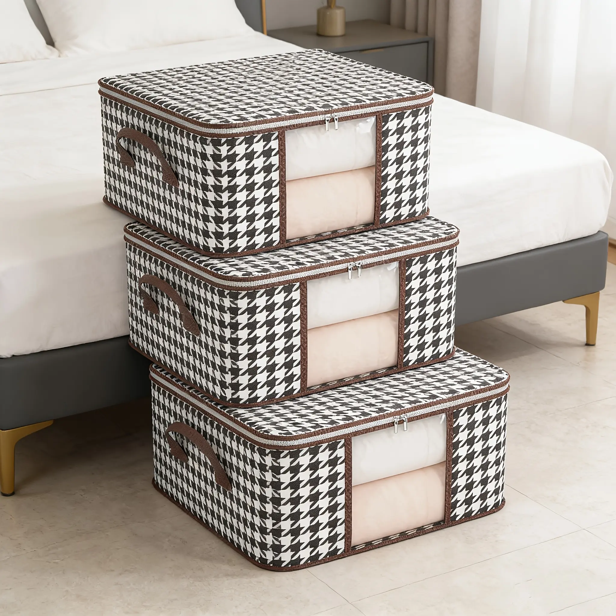 3Pcs Foldable Storage Bags, Houndstooth Pattern Quilt Clothes Organizer Bag with Clear Window Zipper Handle, Portable Packing Pouch, Organizer Pouches for Bedroom Dorm Wardrobe Home Storage, Clothes Organizers and Storage
