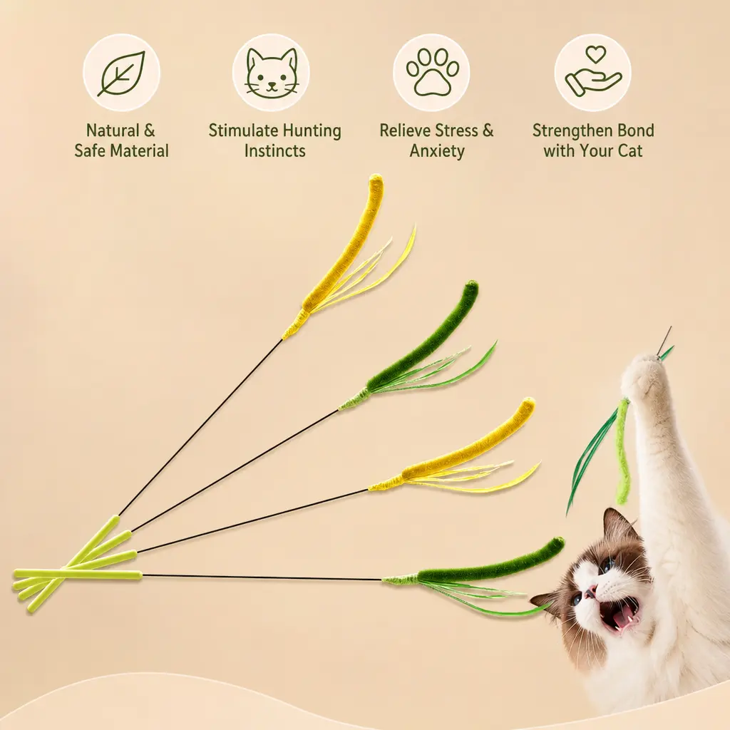 1-Piece Interactive Cat Teaser Wand with Simulated Dog Tail Grass, Small Bells, Soft Ribbons for Indoor Cats to Strengthen Close Play Bond