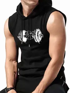 Men's Sporty Hooded Vest, Casual Sleeveless Summer Top, Daily Wear Graphic Jacket, Regular Fit Training Clothing, Workout Vest, Sleeveless Gym Tops