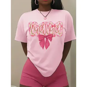 MAMA Floral Mom Pink Satin Bow Easter Tee, Pink Floral Chinese Style, Pink Mom University Watercolor Rose Ribbon, Girls Easter Gift, Fashion Casual Short Sleeve Spring Summer Slim Fit Crew Neck Women's T-Shirt