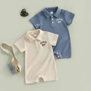 REDWOON Newborn Baby Boy Romper Half Button-up Jumpsuit MAMAS BOY Embroidery Short Sleeve Bodysuit Summer Clothes 0-12M