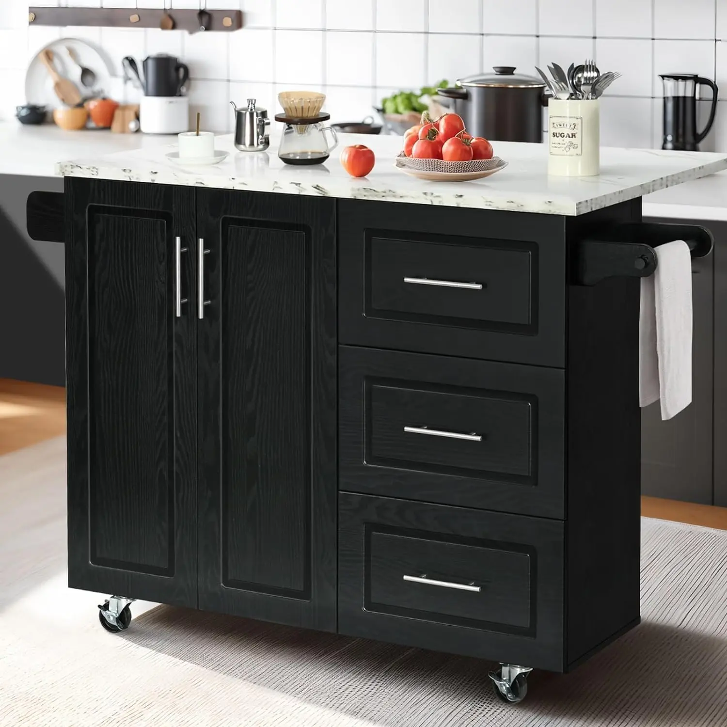 [Summerwins] HOMBCK Kitchen Island Cart with Storage, Drop Leaf Kitchen Island on Wheels, Wood Countertop, Lockable Casters #summer garden
