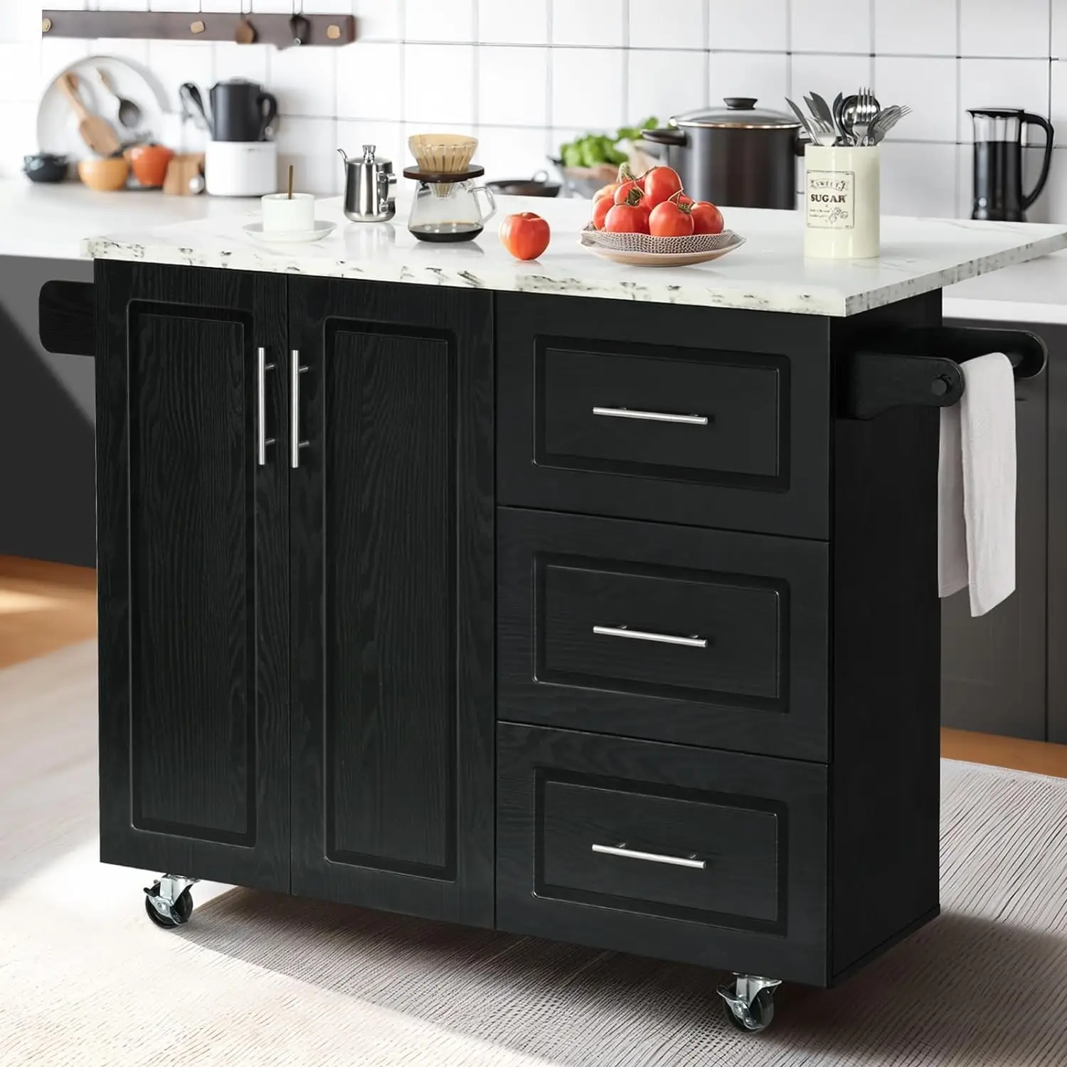 HOMBCK Kitchen Island Cart with Storage, Drop Leaf Kitchen Island on Wheels, Wood Countertop, Lockable Casters
