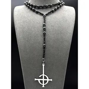 Ghost Nameless Belt BC Gold/Silver/Black Color Stainless Steel Pendant Black Gallstone Necklace Ghoul Cross Chain Catholic 59 - Rosary Black Gallstone Necklace Jewelry Necklace Ghost Men's And Women's Fashion Accessories Sweater Chain Couple - Style Gift