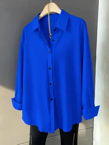 Fashion Plian Oversized Long-Sleeve Button-Down Blouse(without belt), Curve Plus Size Loose Casual Shirts Top Y2K Clothes Street Style Daily Office Wear Trendy Date Outfits Cozy Vacation Wear Womenswear