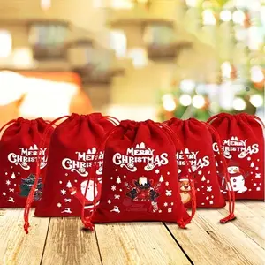 Reusable Red Velvet Christmas Drawstring Gift Bag - 24pcs, Holiday Cartoon Print, Durable Design for Candy, Jewelry, Festive Home & Party Supplies