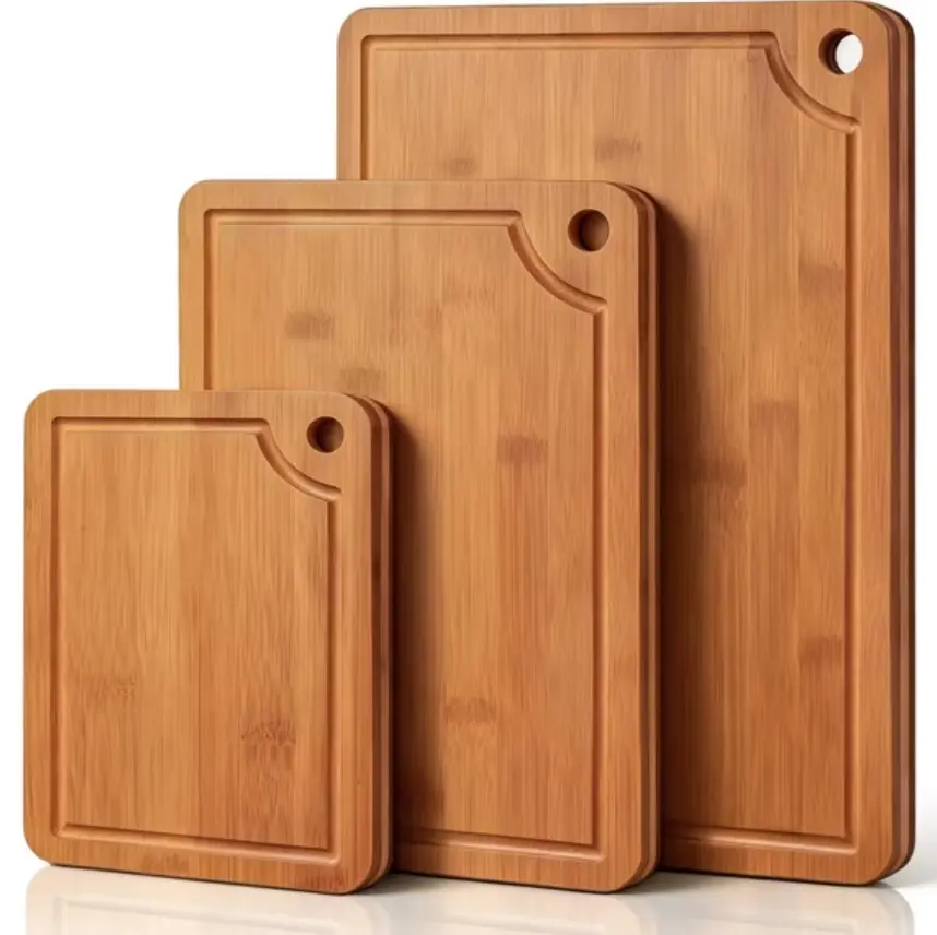 Kitchen 3-Piece Bamboo Chopping Board Set with Non-Slip Mat, Deep Juice Groove, Built-In Handles for Meat, Vegetables