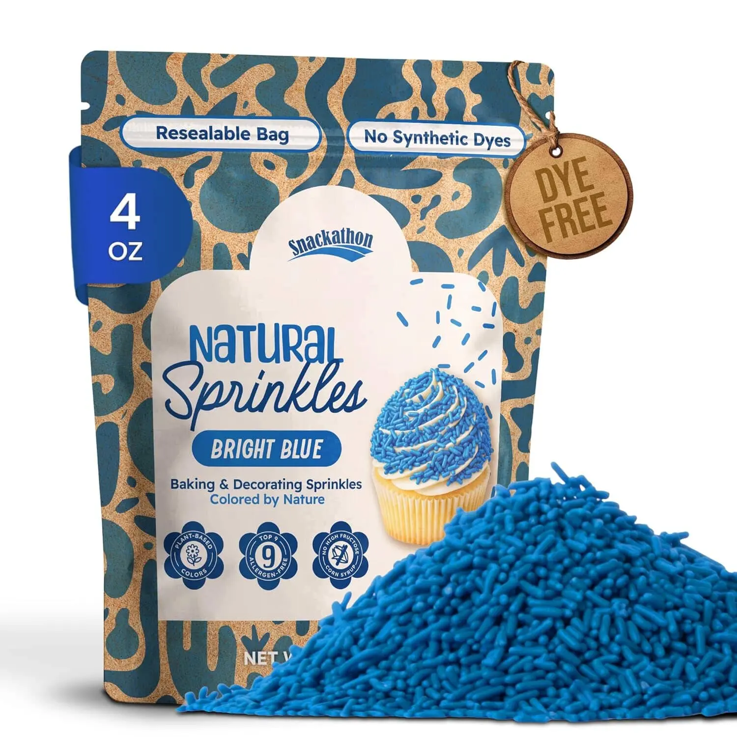 Snackathon Natural Sprinkles for Baking & Decorating, Dye-Free Blue Sprinkles, Jimmies in Resealable Bag - Naturally Colored, No Artificial Dyes, Gluten-free for Cupcakes, Cookies & Ice Cream