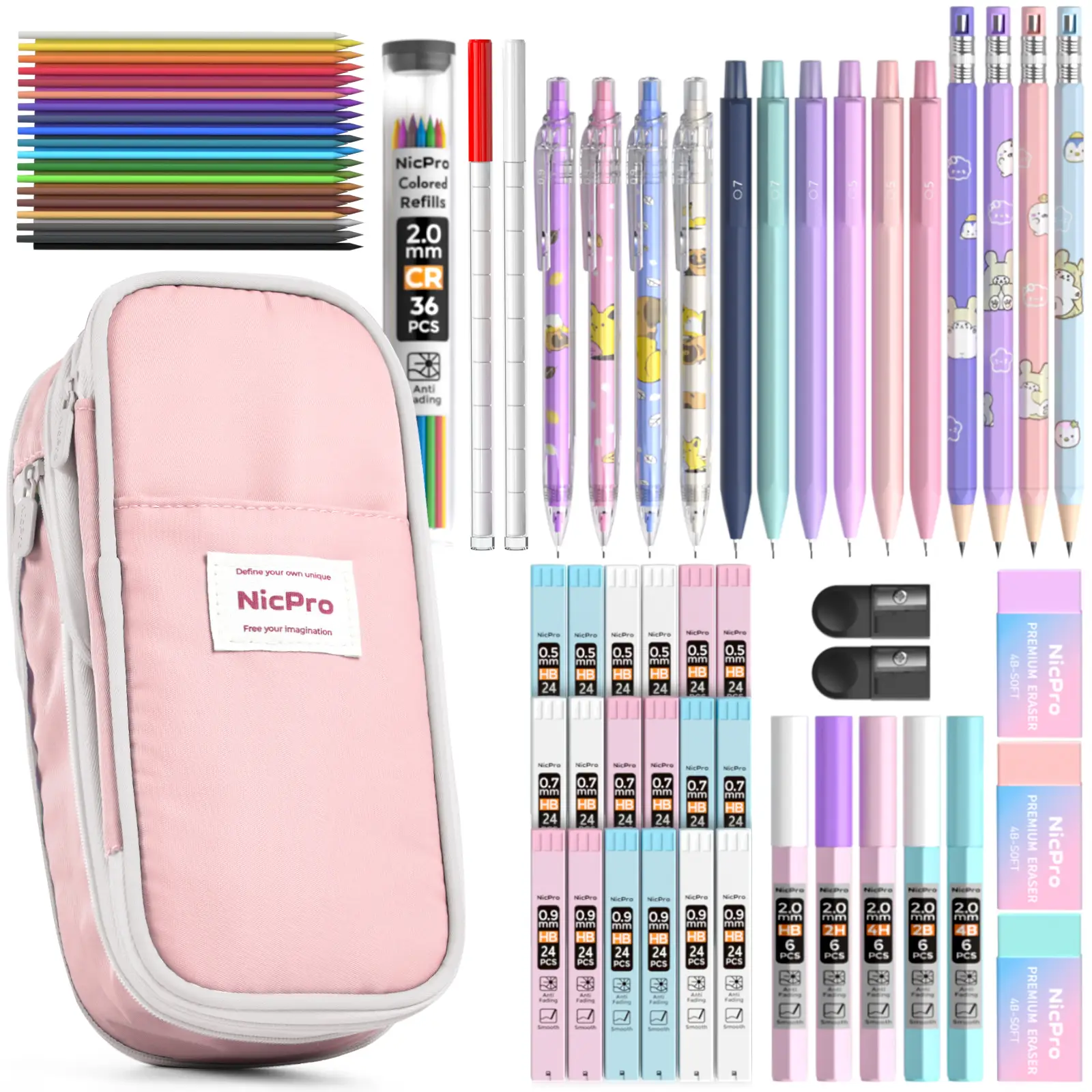 Nicpro 47Pcs Pastel Mechanical Pencil Set With Big Capacity Pencil Case, Cute Mechanical Pencils 0.5, 0.7, 0.9 & 2mm Lead Holder with 4B 2B HB 2H Colo