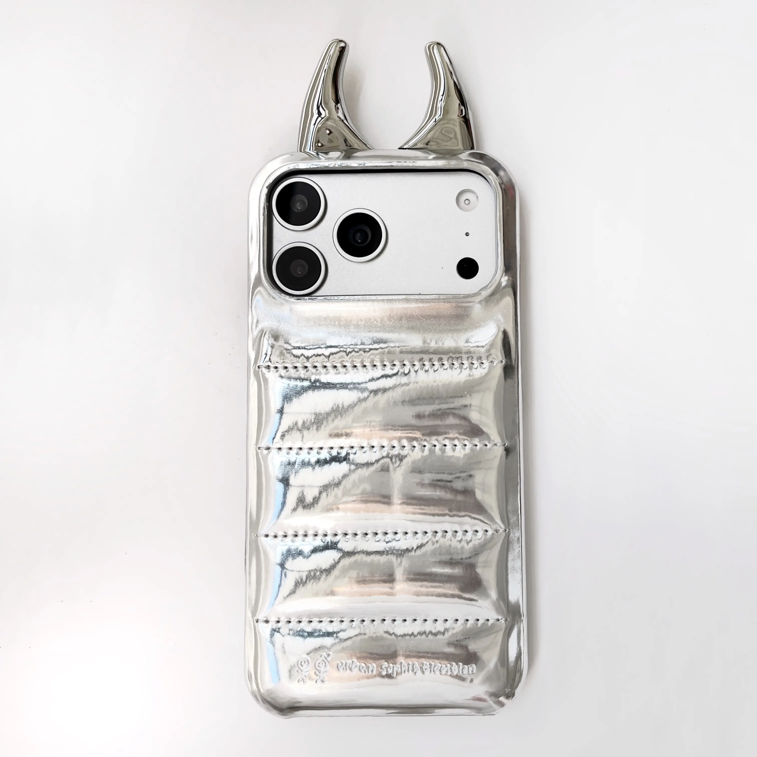 3D Devil Horn Puffer Leather Phone Case - Glossy Quilted Shockproof Cover for iPhone, Cute Y2K Girls Protective Accessory shiny