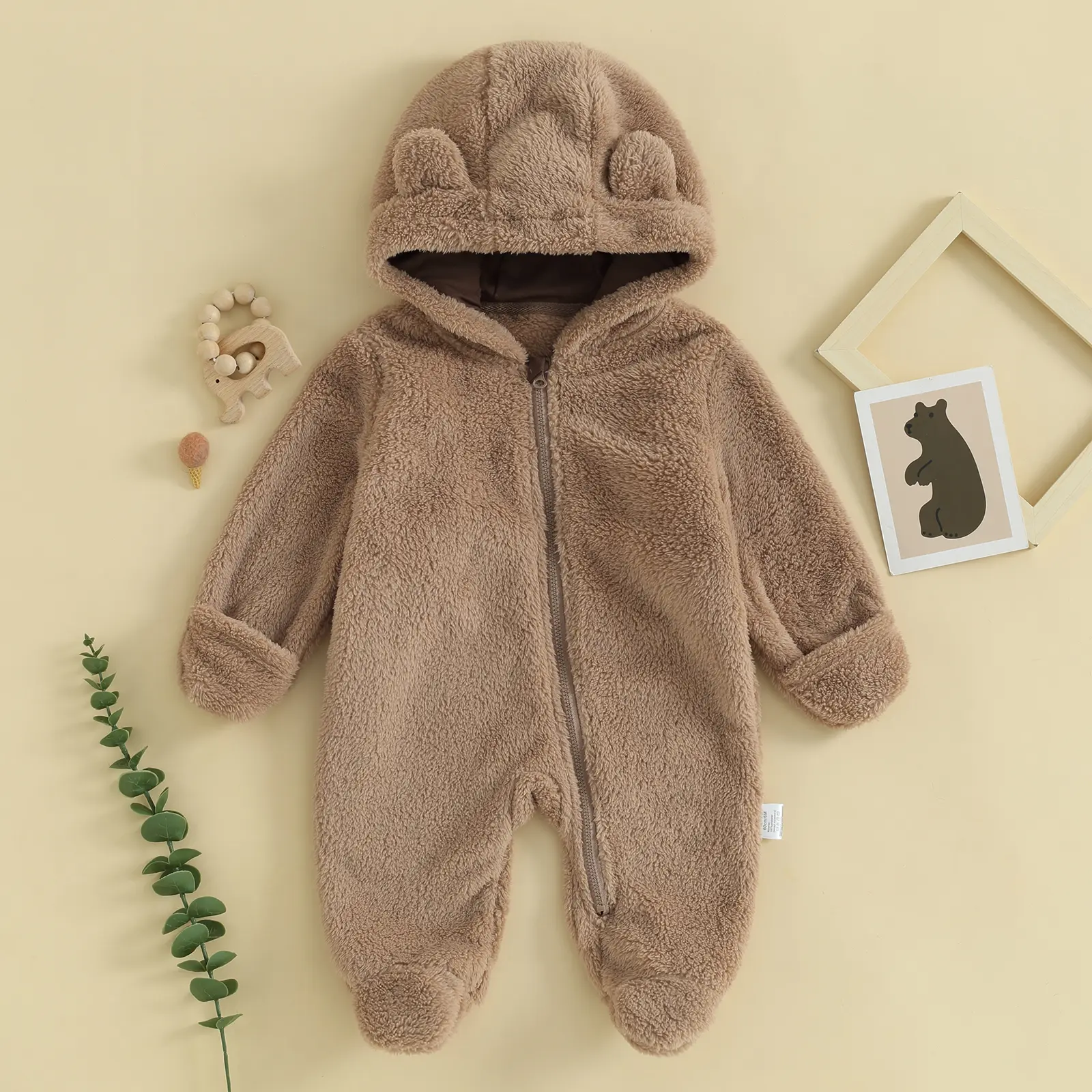 Baby Boys Girls Winter Jumpsuit Cute Bear Snowsuit Fleece Long Sleeve Hooded Zipper Jumpsuit Winter Coat Warm Clothing