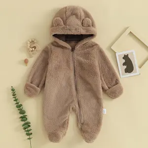 Baby Boys Girls Winter Jumpsuit Cute Bear Snowsuit Fleece Long Sleeve Hooded Zipper Jumpsuit Winter Coat Warm Clothing-good-good