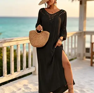 Women's Crochet Trim Open-Back Sun Protection Beach Cover-Up Dress - Casual Loose Design, Side Slit, Hand-Crocheted Hollow-Out Stitching