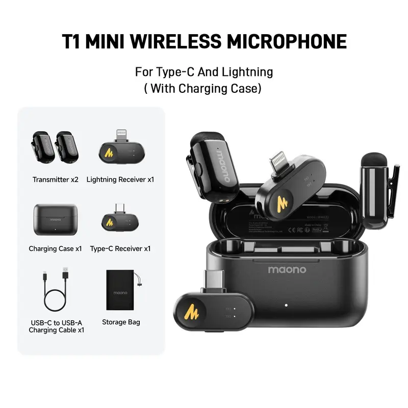 T1 MINI Wireless Lavalier Microphone Adapter for iPhone,  Android smartphones of Lightning and Type-C, 3.5mm Camera, perfect for TikTok, YouTube, Video Vlogging, Audio Recording, interviewing