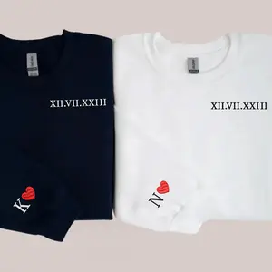 Embroidered Roman Numeral Date Sweatshirt, Anniversary Date Sweatshirt, Couples Sweatshirt with Sleeve Initial Heart, Personalized Anniversary Gift, Valentines Day Couple Sweatshirt