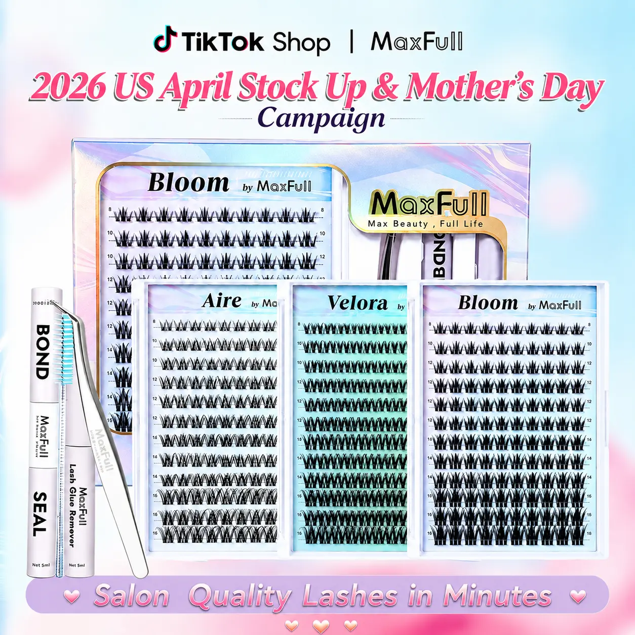 MAXFULL DIY Lash Cluster Kit with Waterproof Bond and Seal, Featherlight Reusable D Curl Lashes for 3D Volume and Daily Wear