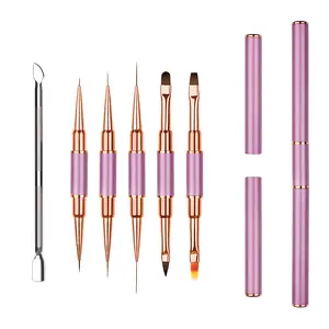 6Pcs Double-Ended Acrylic Nail Art Brushes Set, Double Ended Professional Nail Art Tools with Nail Files and Cuticle Pusher， Gel Polish Nail Art Design Pen Painting Tools Nail Art Liner Brush and Nail Dotting Pen for Acrylic Application Salon