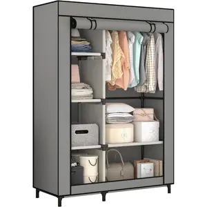 Portable Closet Organizers, Clothing Storage, Wardrobe with 6 Shelves and Hanging Rod, Non-Woven Fabric Cover with 4 Side Pockets, Grey