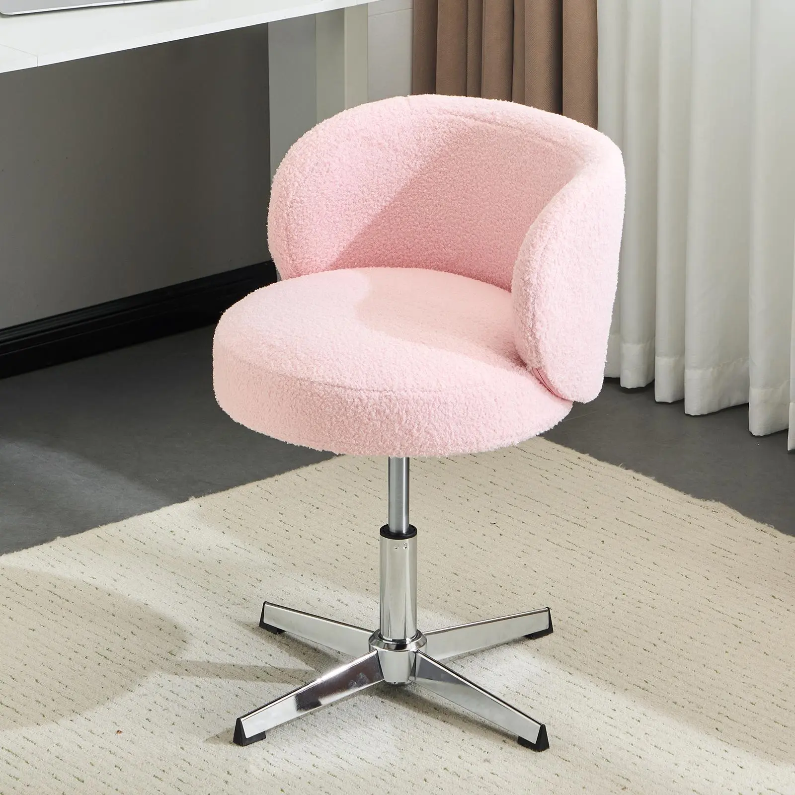 VINGLI Teddy Fleece Height-Adjustable Swivel Desk Chair - No Wheels, Ergonomic Low-Back Lumbar Support, Vanity Chairs for Women, Pain-Free Comfort for Home Office Vanity Use, Chair For Vanity