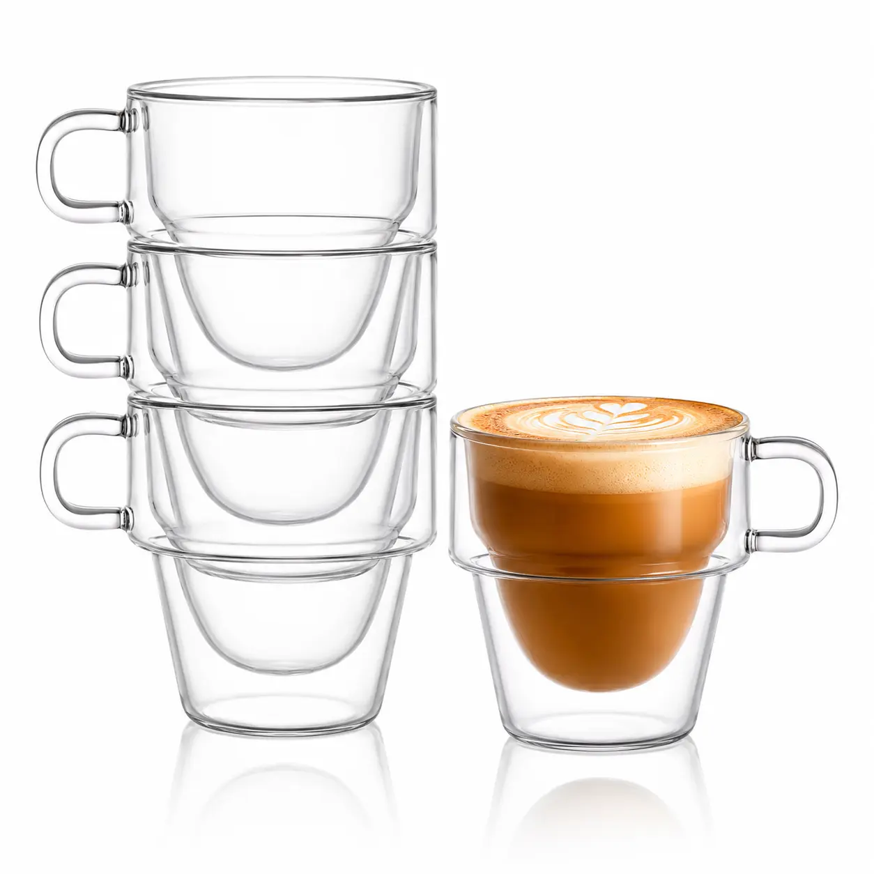 Double Wall Borosilicate Glass Coffee Mugs with Handle, Stackable Clear Drinkware Sets (2-Piece or 4-Piece)
