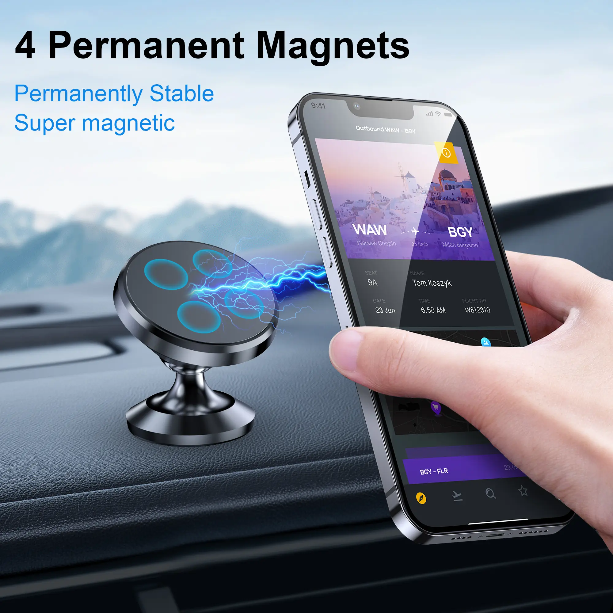 Coolpow 2-Pack Magnetic Car Phone Mount Strong Magnet, Universal Dash Phone Holder for Car, Includes 4 Metal Plates, Stable Cell Phone Car Mount for iPhone Samsung, Hands-Free Car Accessories, Compact Magnetic Phone Holder for Dashboard Use