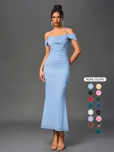 Parthea Backless Shoulder Net Mesh Dress, Elegant Ruched Fish Tail Hem One-Shoulder Gown, Cocktail Party Formal Evening Wear, Chic Long Dress for Events