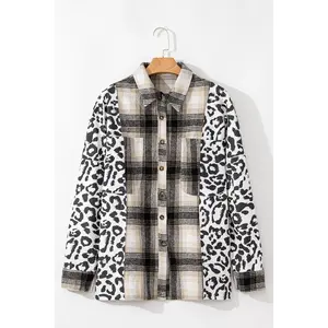 Black Plus Size Plaid Leopard Printed Patchwork Button Up Shacket