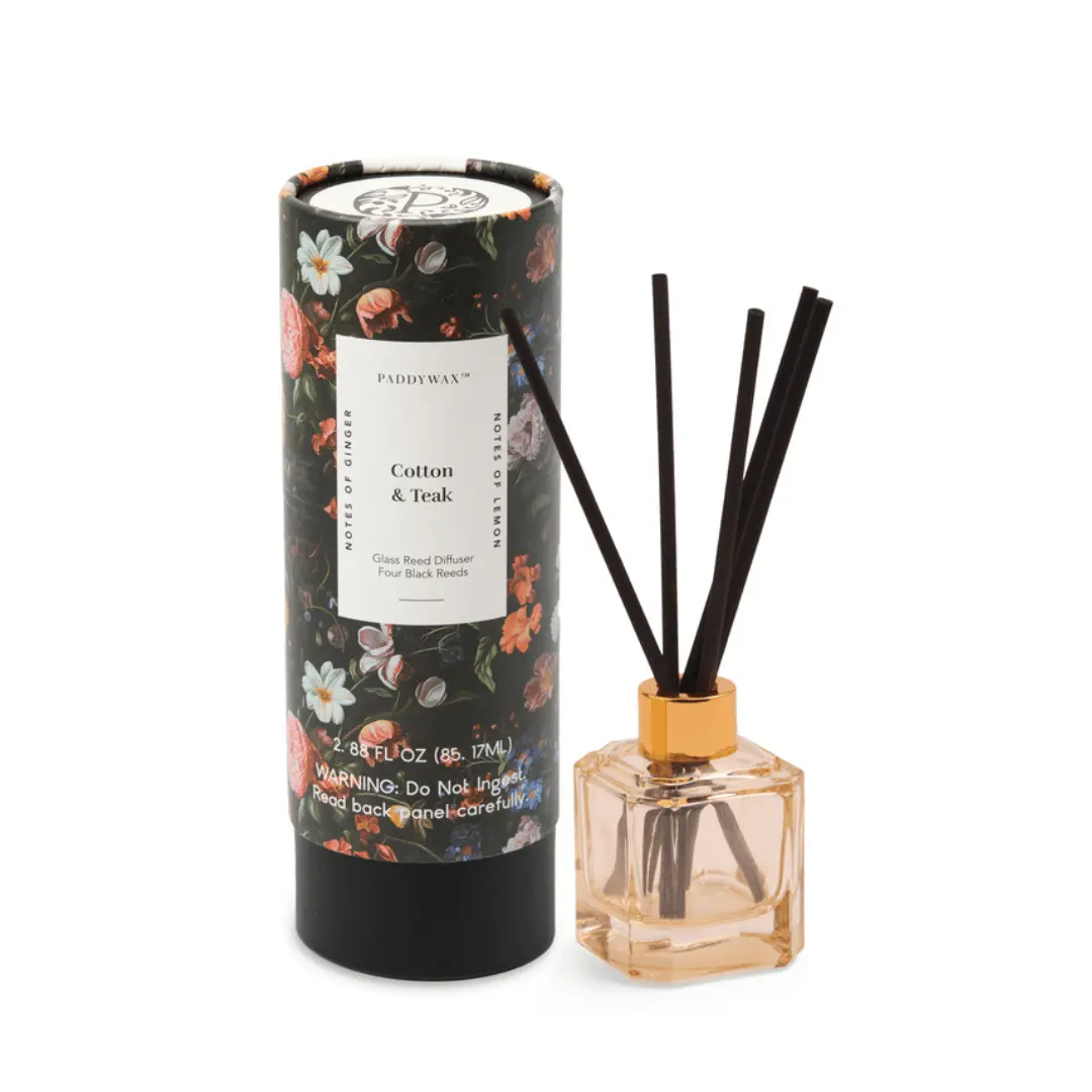 Modern Reed Stick Scented Aromatherapy Diffuser - Cotton-Teak Botanica Fragrance Freshener with Lemon Scent, 2.88oz Home Fragrance Supply for Any Room, Reed Sticks