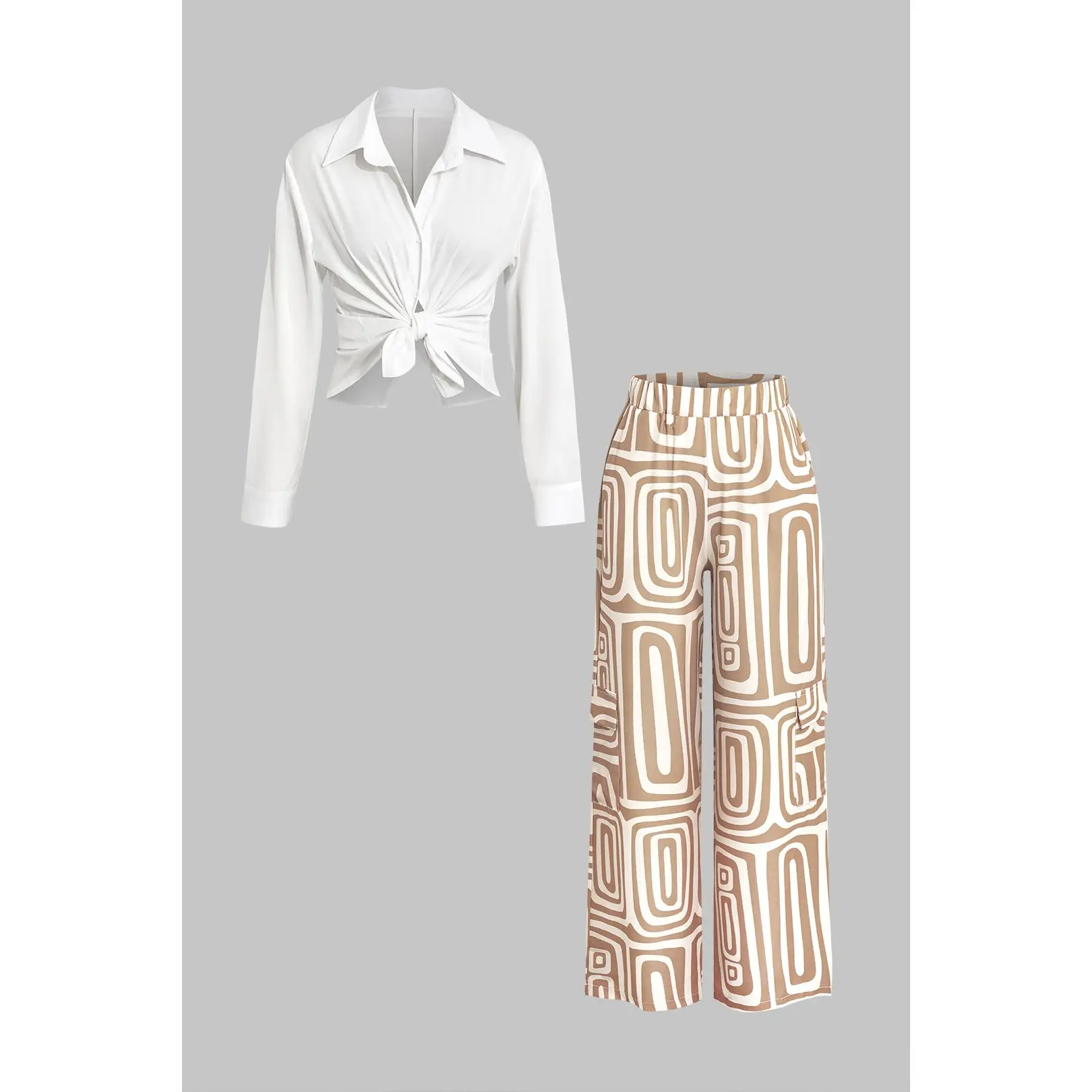 Women's Artistic Print 2-Piece Set, Loose Fit Polyester Cloth Vacation Outfit with a Solid Knot Front Top and Pants