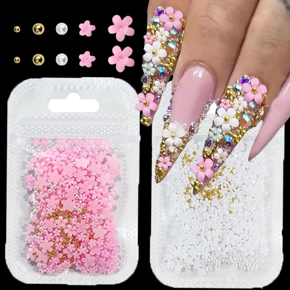 1000Pcs+ 3D Mixed Pink White Acrylic Flower Nail Art Charms with Golden Beads & Pearls Nail Gems 4/6mm Small Flower Nail Jewelry
