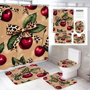 1/4pcs Leopard Print & Cherry Bathroom Set Shower Curtain 4-Piece Set - Beige Shower Curtain with Red Cherries & Green Leaves, Leopard Bow, Matching Bath Mat Toilet Seat Cover Small Rug - Trendy Playful Decor for Easter Valentine's Day Mother's Day