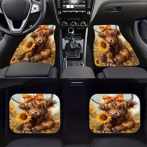 4pcs Highland Cow & Sunflower Farmhouse Car Floor Mats Set - Crystal Velvet Anti-Slip Design, Fit for Cars, Trucks, SUVs - Easy Clean All-Weather Protection, Scottish Cow Pattern with Plaid & Floral Decor, Ideal Gift for Drivers, Car Interior Accessory