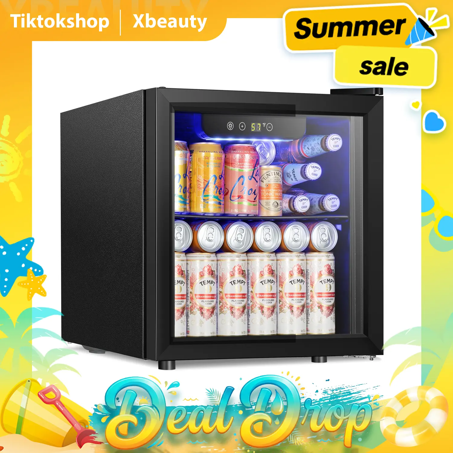 Mini Fridge Freezer - Beverage Fridge Black Glass Door, Suitable for Beer, Soda or Wine, Transparent Front, Replaceable Doors Left and Right, Removable, Suitable for Home, Office or Bar, Black