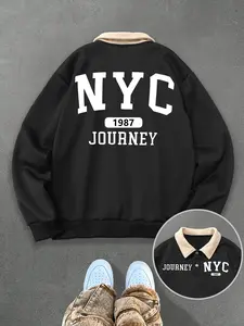 Unisex Y2K Style Nyc Print Polo Sweatshirt, Thick Retro British Aesthetic Lamb Wool Collar Pullover, Streetwear Fall & Winter Fashion