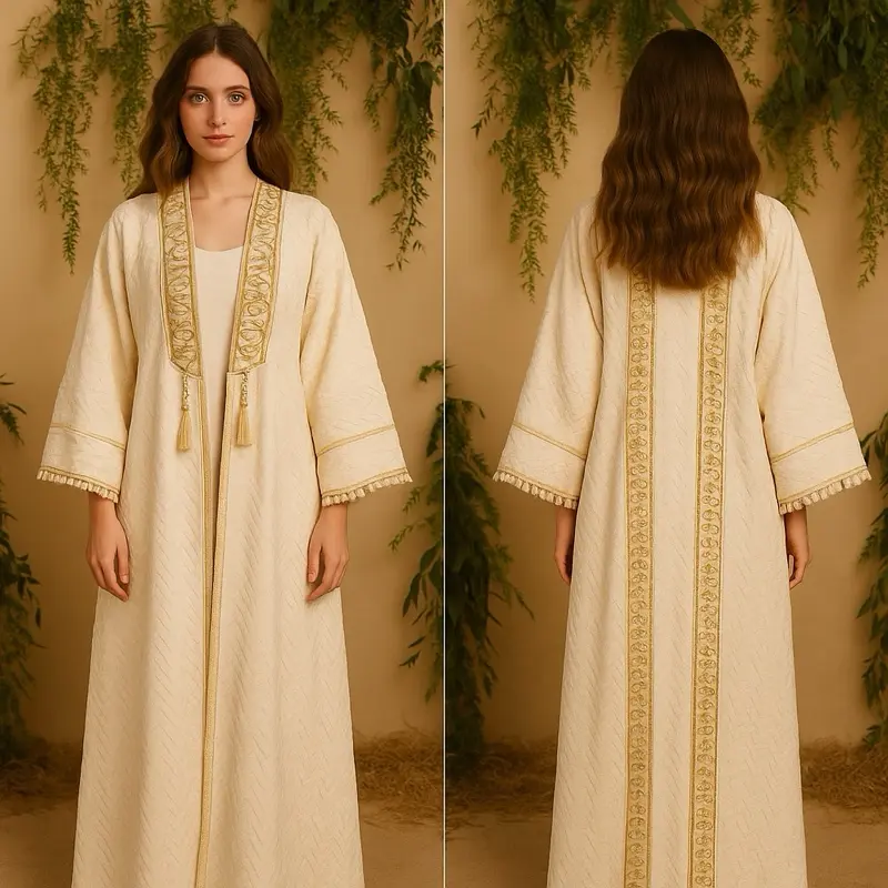 Limited Edition Elegant White Kaftan with Gold Arabic Embroidery - Free Size, Long Sleeves, Simple Design, Versatile and Stylish Outfit
