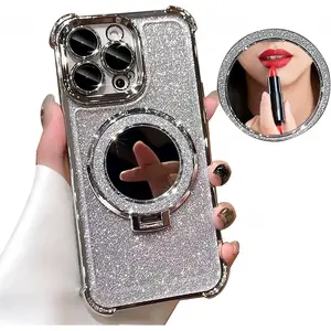 Luxury Phone Case with Reinforced Corner Airbags for iPhone 17/16/15/14/13/12/11/X/XS Pro Max Plus with Mirror Kickstand Glitter Insert Card Included , Shockproof Drop‑Resistant TPU Protective Cover, Electroplated Frame Design Casing