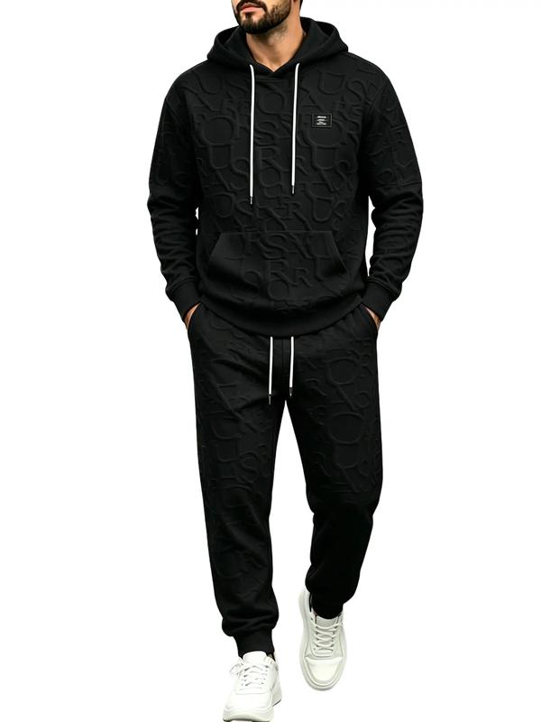 Men's Embossed Letter Hoodie Set 2 Piece Tracksuit Casual Streetwear Pullover Sweatshirt Jogger Pants